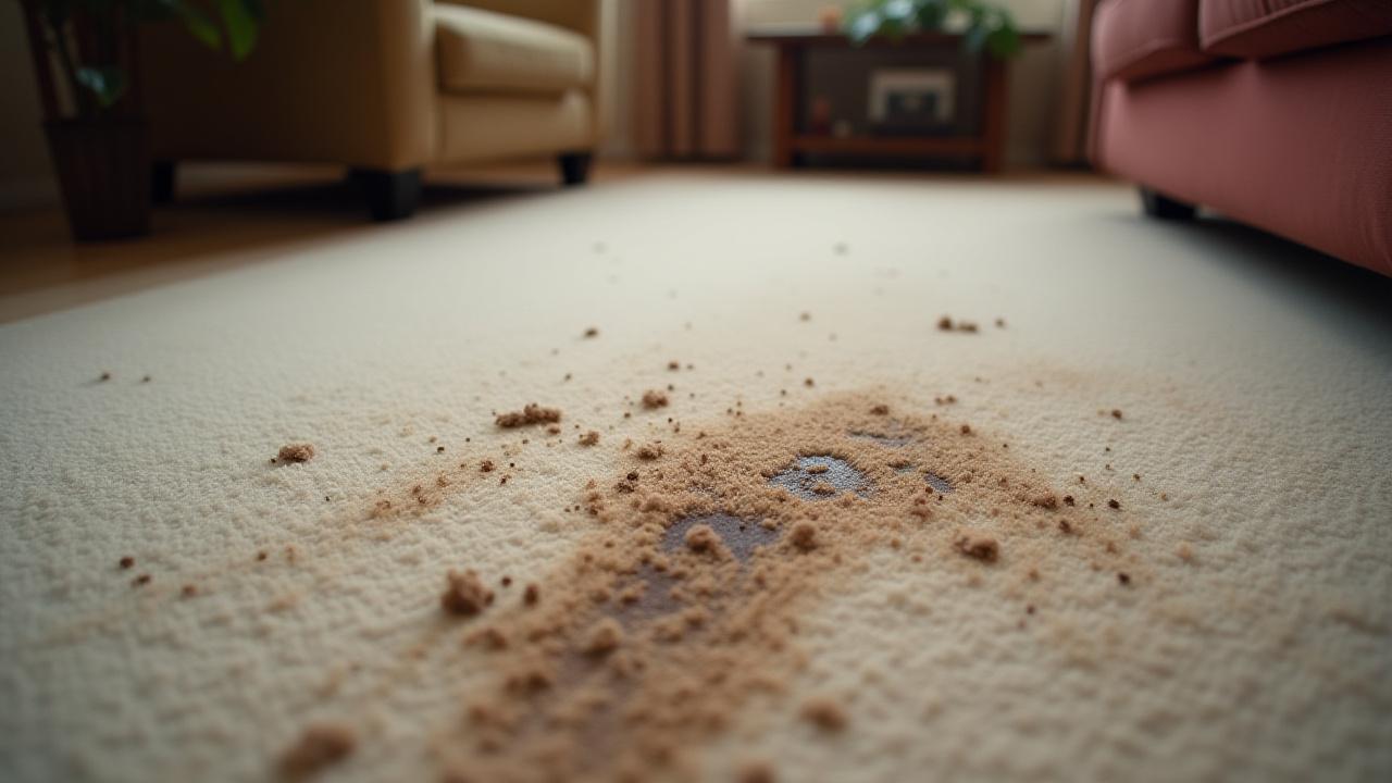 Dirtied, stained carpet with visible spills and embedded grime.