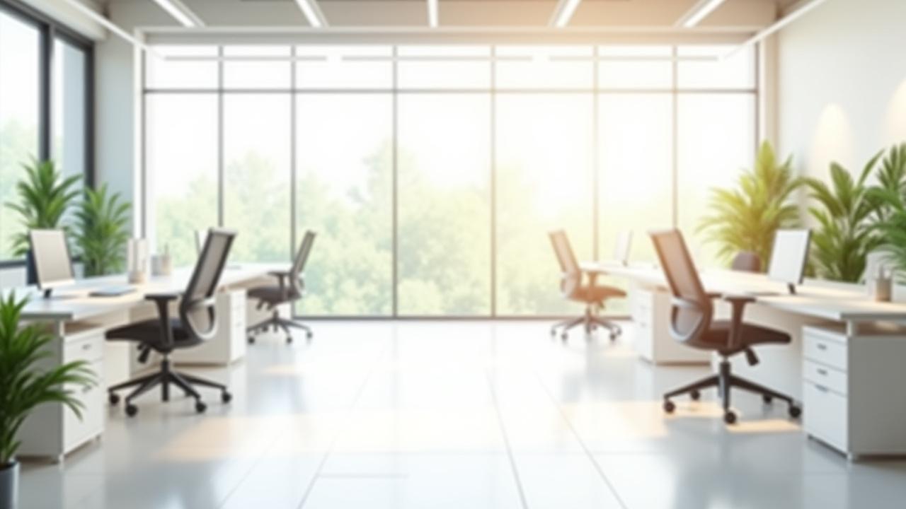 Bright, modern, and pristine empty office space with large windows and subtle eco-friendly cleaning supplies on a desk