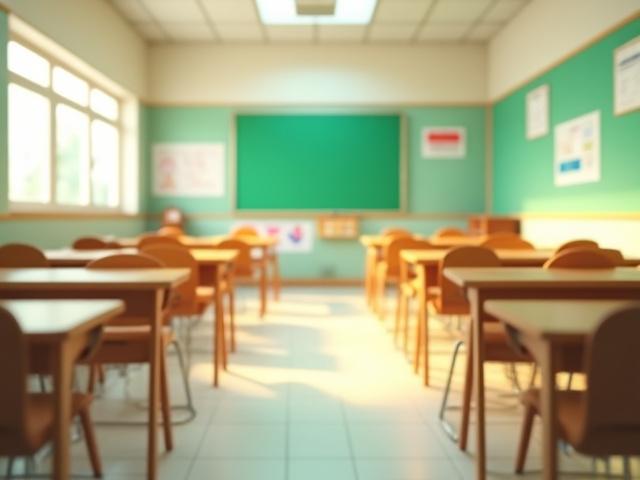 Clean school classroom with desks and chairs