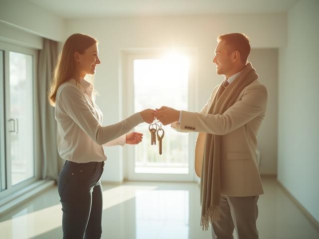 Happy person receiving keys in a sparkling clean, empty apartment