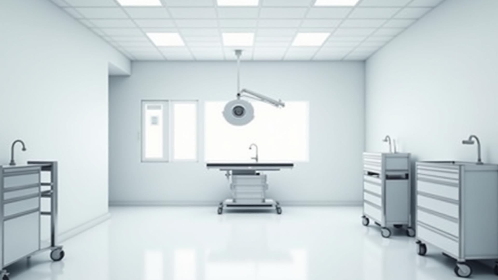 Sterile, modern medical examination room with gleaming white surfaces and advanced patient equipment