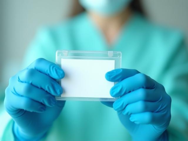 Close-up of a healthcare cleaning professional's ID badge and gloved hands, implying training and certification