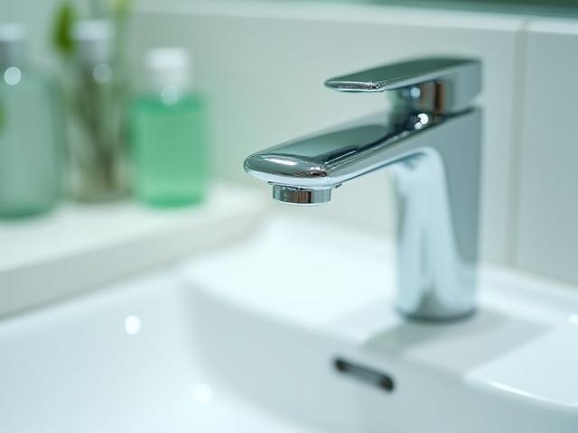 Close-up of a sparkling clean, polished bathroom tap with subtle water droplets, reflecting light, implying meticulous attention to detail and hygiene.