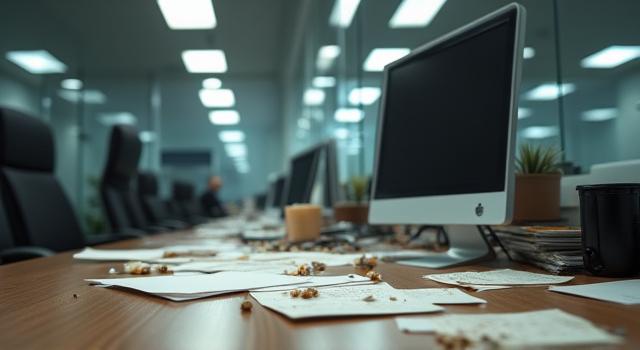 Messy, untidy office space before cleaning