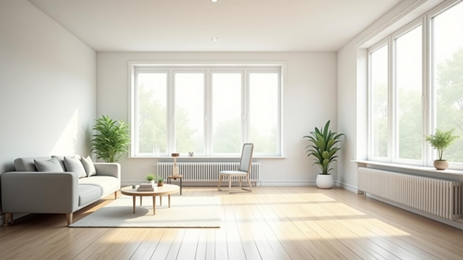 Pristine, light-filled modern living room, sparkling clean