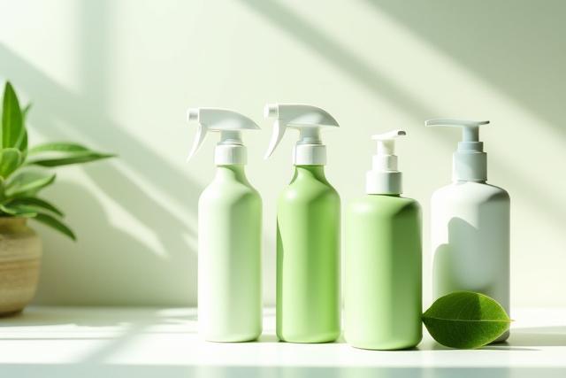 Assortment of eco-friendly cleaning products on a kitchen counter.